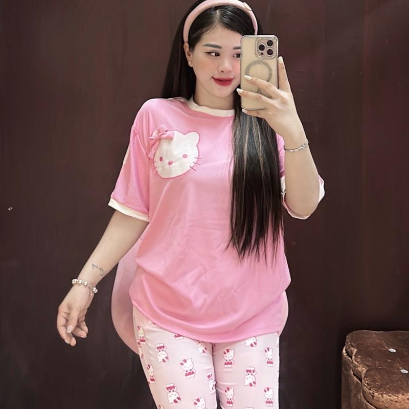 Set ngố thun tăm , áo tay ngắn form rộng thêu mèo kitty . Quần ngố ôm lưng cao in hình Top Women Nữ