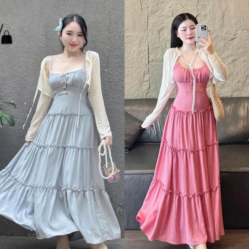 BIGSIZE HIẾU HIẾU (55-95KG) - Set váy 2 dây maxi cúp dáng xoè + áo khoác len tay dài cột nơ điệu đà