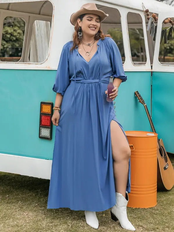 【Plus Size】Solid Color Tie Neck Split Side Dress, Casual Half Sleeve Long Dress for Daily Wear, Women's Plus Clothing for All Seasons 4