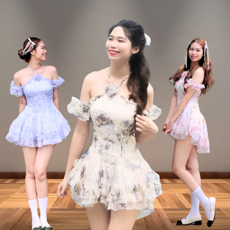 [D1] Đầm Bồng Nữ Thiết Kế Cổ Yếm Voan Phối Tay Trễ Mix Dáng Váy Bồng Bềnh phong cách tiểu thư  vay mactet Women Dress Voi 0