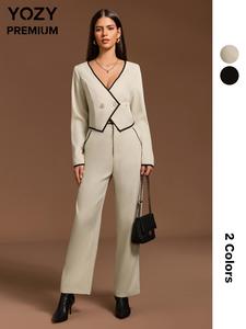 YOZY Two-Piece Set Women's Contrast Binding Double Button Blazer & Pocket Pants, Elegant V Neck Long Sleeve Outerwear & Zipper Fly Trousers, Valentine's Day Outfit