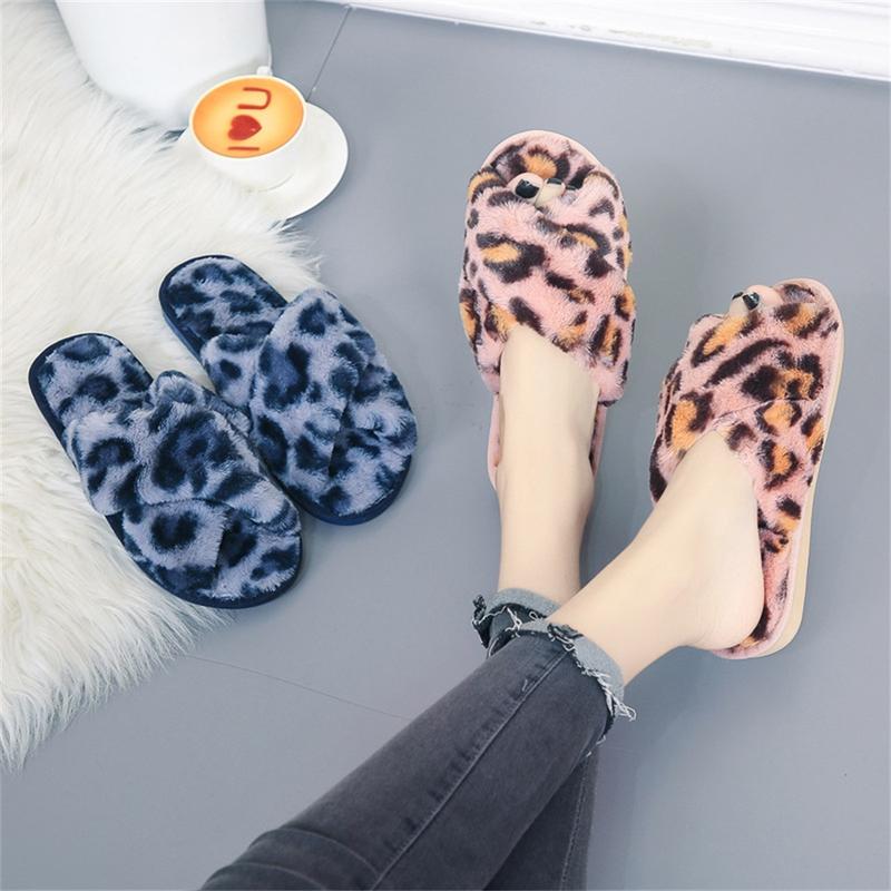 New Women Slippers Winter Warm Shoes Flat Sweet Woman Indoor Faux Fur Warm Soft Slip on Home Leopard Print Pink Furry Ladies Slipper 0