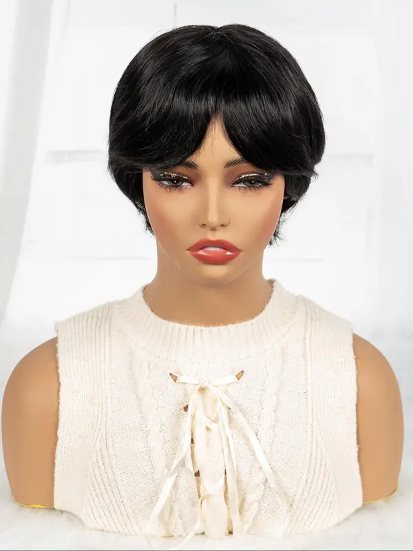 Black Short Bob Wigs for Women, Gorgeous Fluffy Wigs with Bangs, Human Hair Full Machine Wigs for Party, Daily Use 5