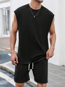 Two-Piece Set Men's Solid Color Tank Top & Drawstring Waist Shorts Set, Regular Fit Casual Comfy Breathable Quick Drying Round Neck Sleeveless Top & Pocket Track Shorts, Casual Summer Clothes Set for Men