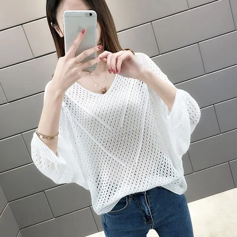 Áo Sơ Mi Tay Cánh Dơi Cổ Bẻ, Mỏng, Dành Cho Nữ, Dáng Rộng Vừa Vặn, Ngoại Cỡ, Áo Ngắn, Áo Len khoét Quần Áo Nữ Women Top