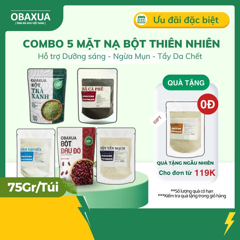 Combo 5 mặt nạ bột đắp mặt : Cám gạo sữa, Đậu Đỏ, Trà xanh, Yến Mạch, Bã cafe ( mỗi loại 75gr/túi) - Combo 5 Làm Đẹp Da Obaxua Mask Skincare