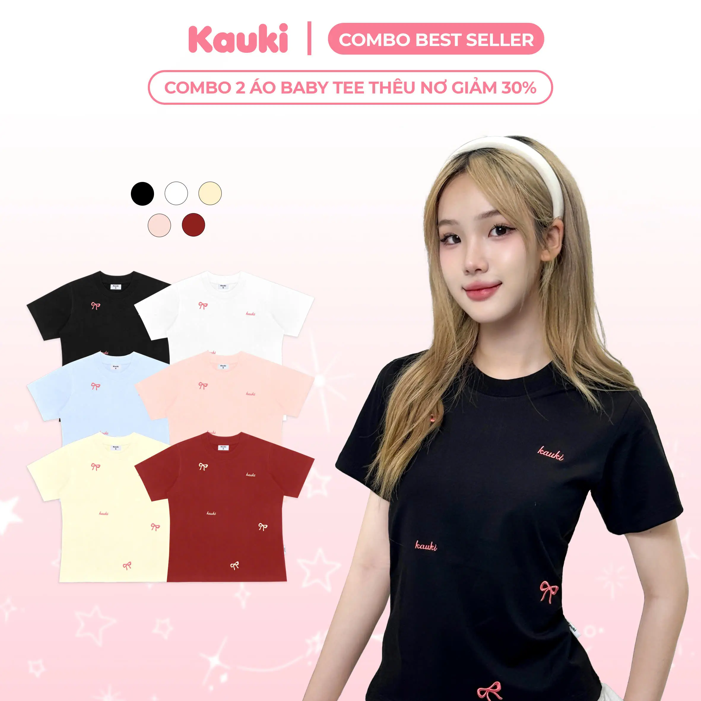COMBO 2 ÁO BABE TEE THÊU NƠ CAO CẤP COTTON 250GSM KAUKI DỄ THƯƠNG CHO NỮ BBT27 Women Top Cổ Tròn