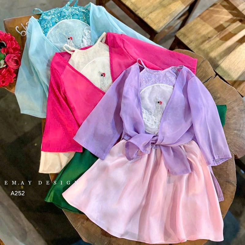  Set đầm cổ yếm kèm áo choàng cô Tấm cho bé gái mặc lễ tết dự tiệc biễu diễn từ 12-40kg chất lụa mềm mát 