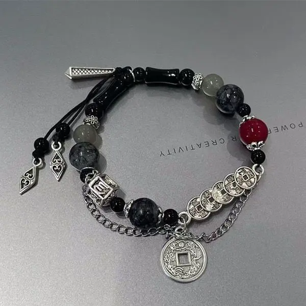 Chinese-Style Mountain Ghost Red Bank Five-Way Copper Coin Bracelet Glass Beaded National Style Design Ancient Style Girlfriends Couple Bracelet Gift