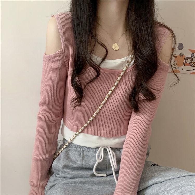 Áo Thun Dệt Kim Ngắn Cho Nữ, Áo Thời Trang, Mỏng, Trễ Vai, Mùa Xuân Và Mùa Thu