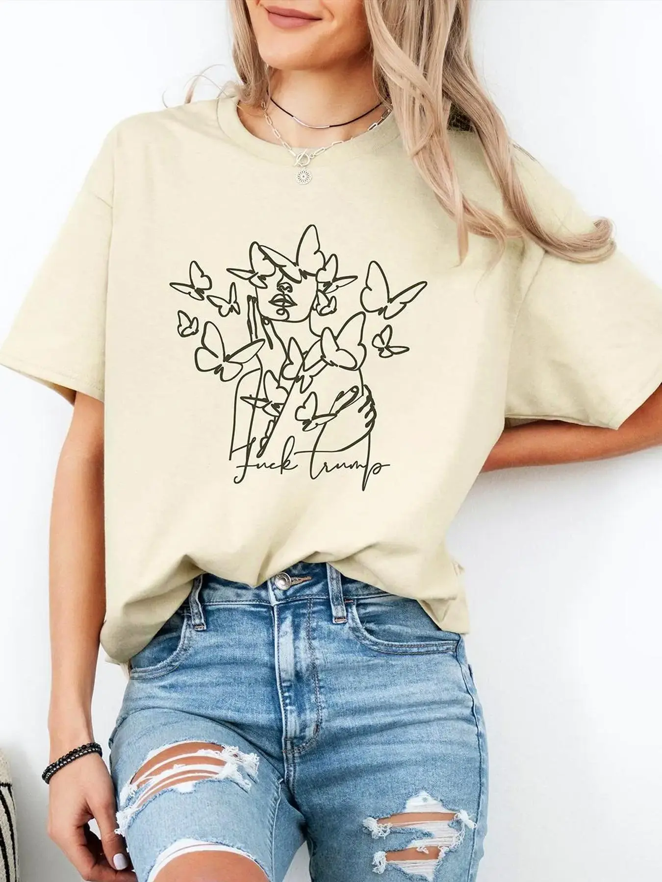 Women's Butterfly & Figure Print Round Neck Tee, Fashion Casual Drop Shoulder Short Sleeve T-shirt for Daily Wear, Ladies Summer Clothes