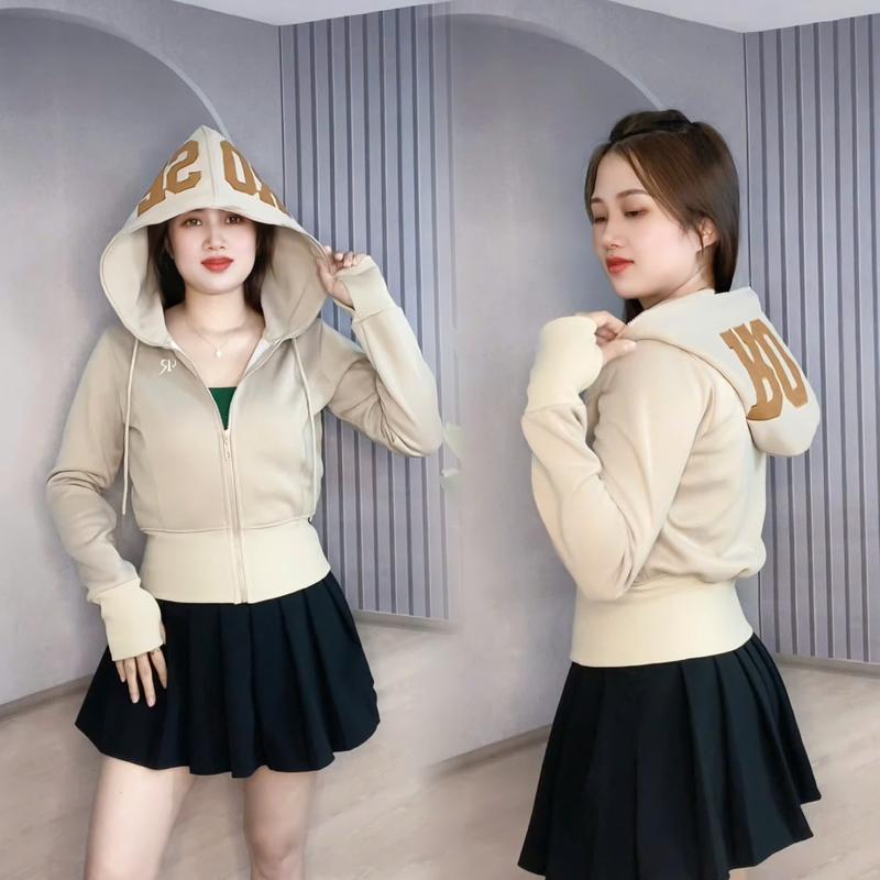 Áo Khoác Nữ Dáng Crop Top Chất 2 Da Mềm Mịn 4 Túi và Nón To Thêu Chữ Thời Trang - Jacket, Women lửng accroptop aokhoac