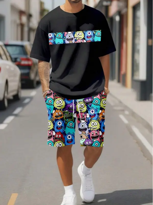 Two-Piece Set Men's Cartoon Print Tee & Shorts Set, Regular Fit Casual Round Neck Short Sleeve T-shirt & Shorts, Men's Summer Clothes 0