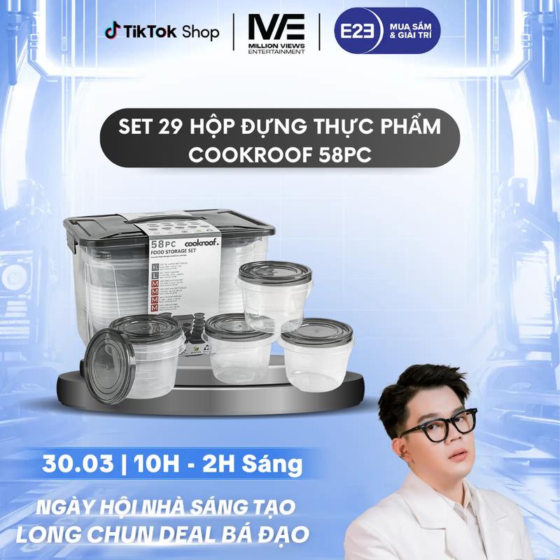[Cookroof X Long Chun] SET 29 Hộp Đựng Thực Phẩm 58 Chi Tiết Đủ Kích Thước, Nhựa PP5 Nguyên Sinh Chịu Nhiệt Tốt.