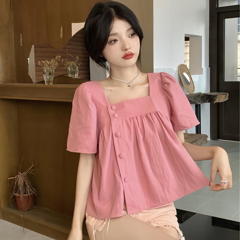 Áo Kiểu Nữ Tay Ngắn, Áo Sơ Mi Cổ Vuông Dáng Babydoll Xinh Xắn Dễ Thương của Top Women Shirt Cổ Tròn