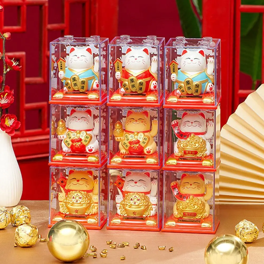 Solar Energy Welcome Lucky Cat Figurine Shaking Hand Chinese Style Light Energy Fortune Cat Statue Car Center Console Ornament