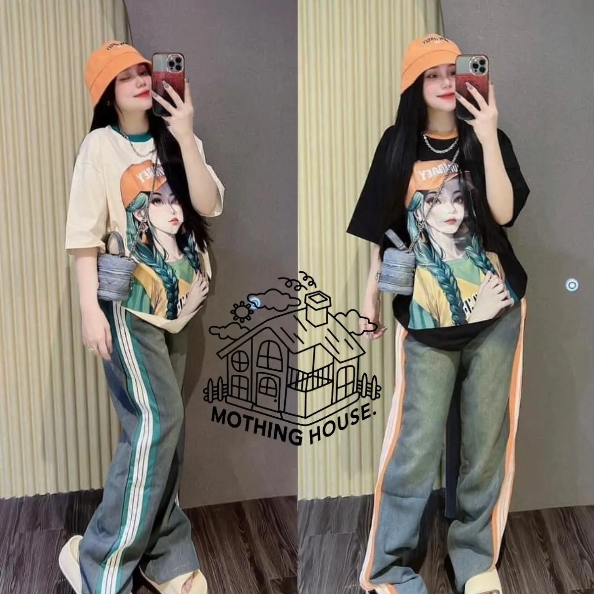 American Style Fashion Set for Women Summer New Girl Printed Short Sleeve T-Shirt + Wide Leg Pants Casual 2-Piece Women's Clothing