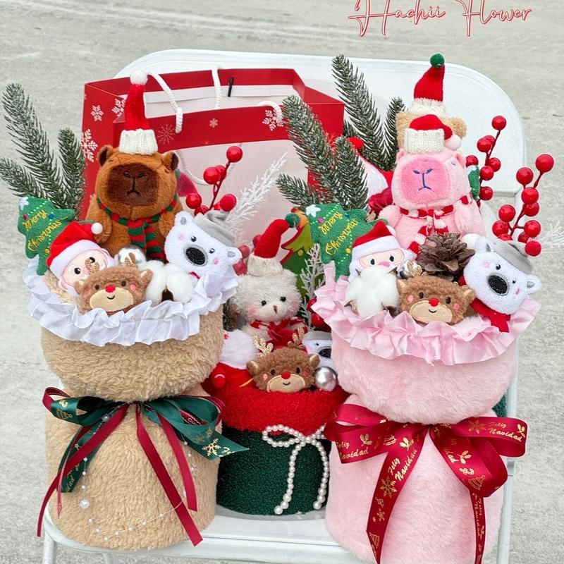 Bó hoa gấu bông noel tặng kèm túi đèn thiệp thú nhồi bông đáng yêu quà tặng ý nghĩa