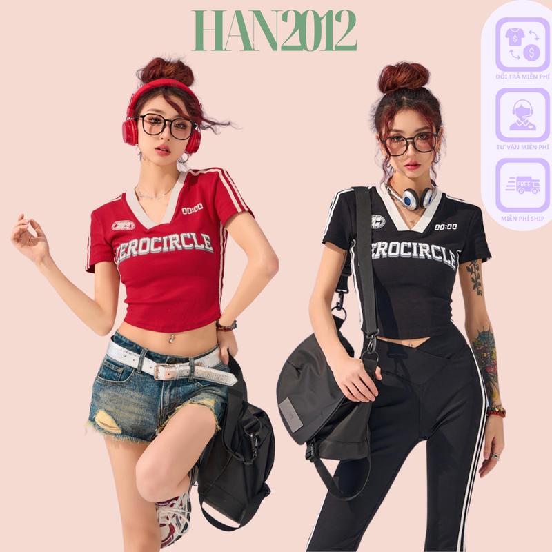 Áo thun croptop form baby tee ôm body tay ngắn cổ chữ V phối sọc phong cách retro Mỹ ZEROCICRLE Nữ Women Đen Cổ Tròn Dáng Ngắn