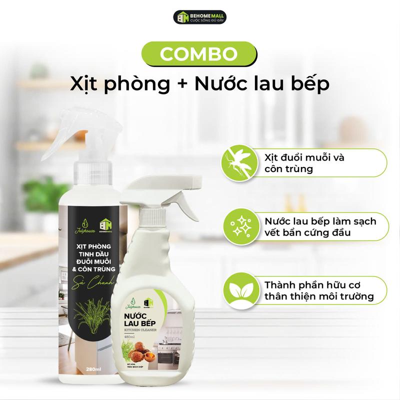 [  Combo Tươi mát]  Bình Xịt Phòng Tinh Dầu Sả Chanh Khử Mùi 280ml và Xịt Lau Bếp Đa Năng 480ml  BehomeMall