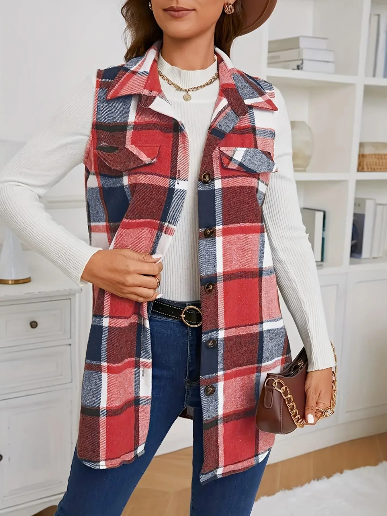 Women's Plaid Print Button Front Vest Coat, Casual Sleeveless Collared Outerwear for Spring & Fall, Ladies Clothes for Daily Wear