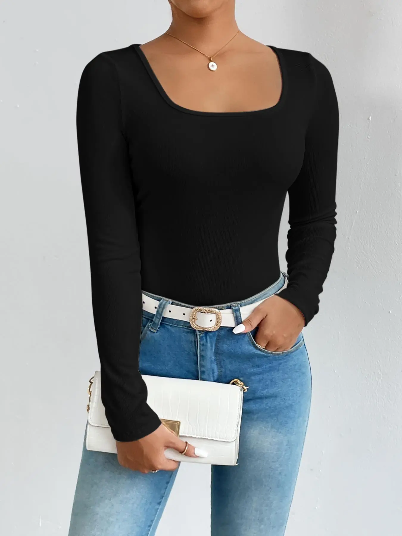 Women's Black Square Neck Long Sleeve Tee, Minimalist Basic Casual Ribbed T-shirt for Spring & Autumn, Lady's Fitted Loungewear Streetwear Outfit, Womenswear, Summer Clothes