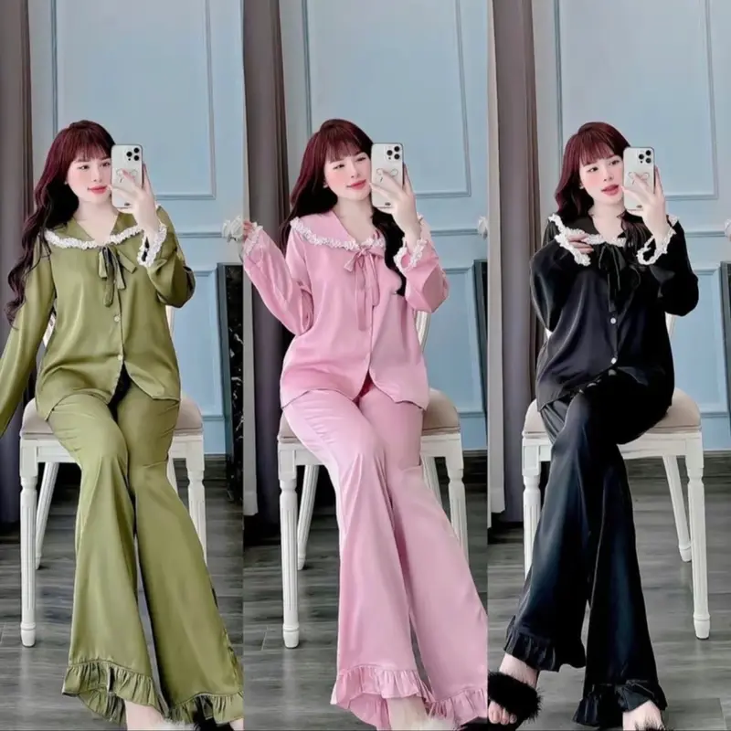 Sét bộ lụa dài, cổ bèo phối ren tiểu thư , tay loe 0