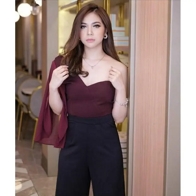 Daisy Atasan One Shoulder Scuba Crop Top One Shoulder Scuba Chiffon Lengan Terompet Baju Wanita 0