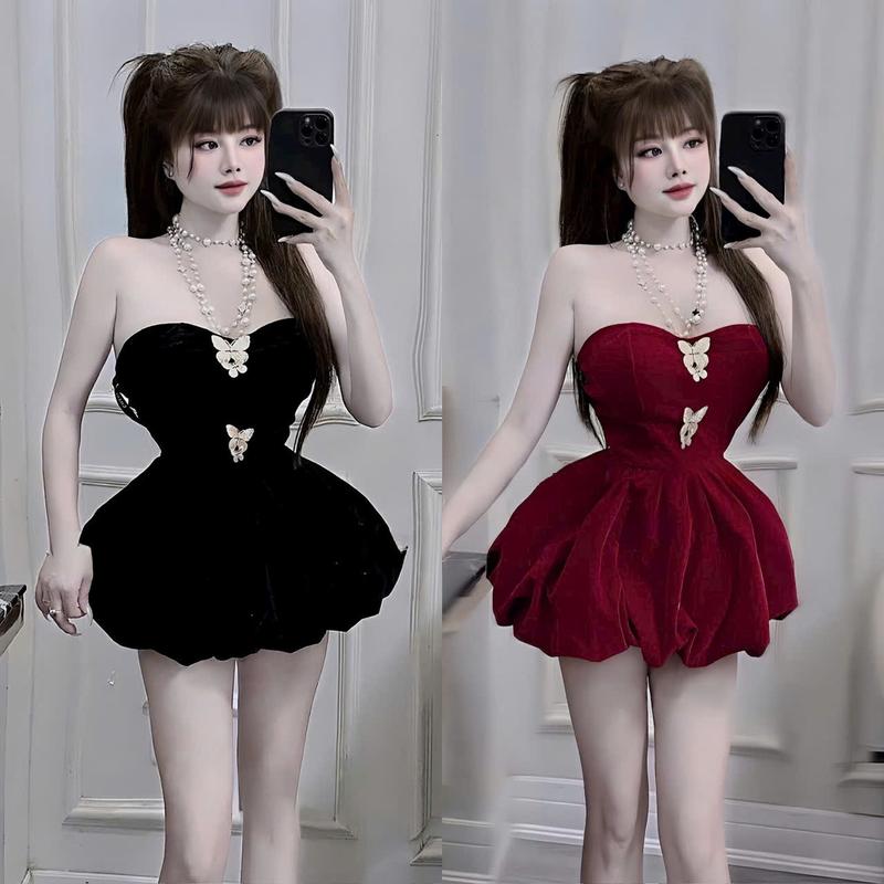 Đầm váy nữ nhung cúp ngực dáng bí bồng [Có Mút, Kèm Phụ Kiện Bướm] Có lót quần sang chảnh dành cho các nàng diện đi chơi tết Women Dress
