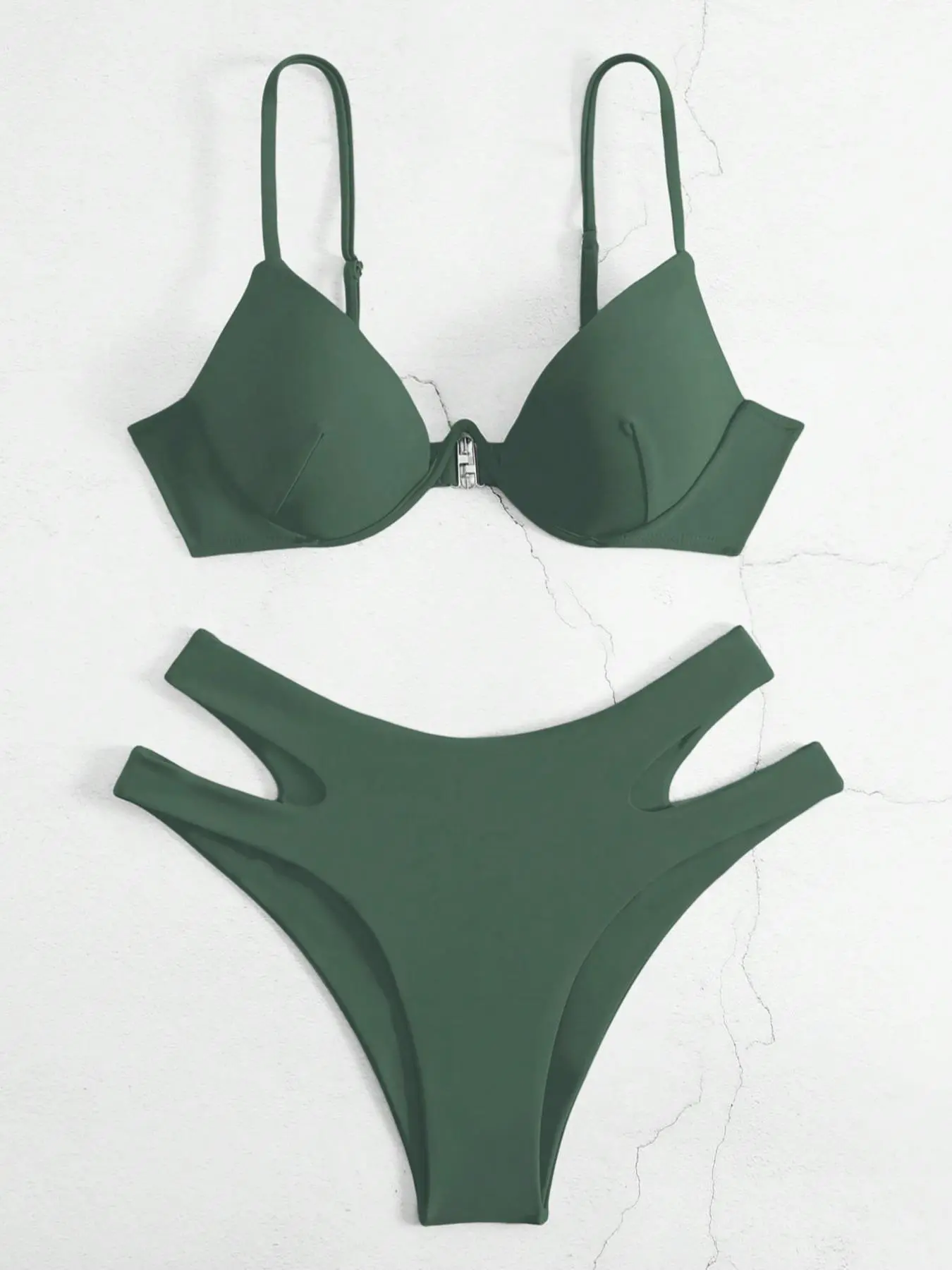 Summer Solid Color Bikini Swimsuit, Push Up Bikini Top with High Cut Panty, High Stretch Quick Drying Bikini Swimwear for Women