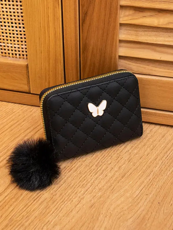 Women's Butterfly Pattern Quilted Design Zipper Short Wallet, with Hair Ball Charm, Casual Versatile Card Holder, Lightweight Small Wallet 1