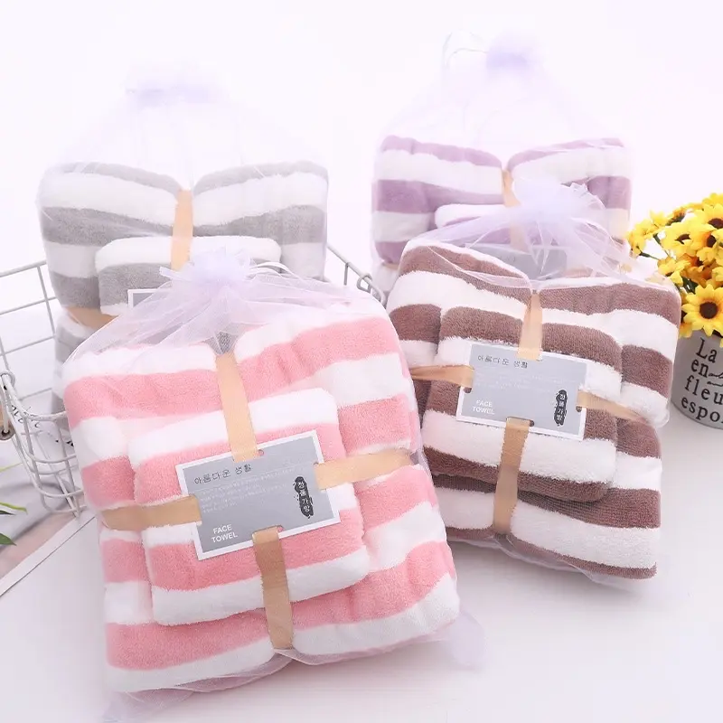 Handuk Set 2in1 Handuk Mandi Dewasa Motif Salur Ukuran (35x75 + 70x140) Abu Biru Hijau Pink Putih