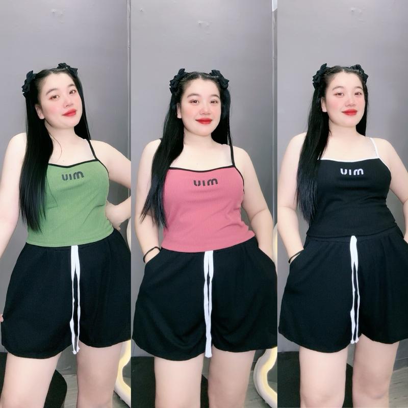 Set đồ bộ bigsize nữ áo dây chữ Miu kèm quần đùi thun, Quần và áo thun gân tăm thấp hút mồ hôi - SMIU