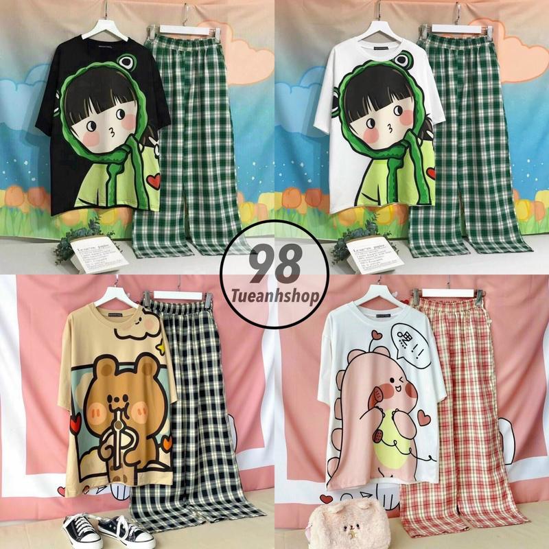 [18 MẪU] Set đồ nữ quần dài kẻ sọc caro ống rộng Size 40-65kg - Bộ áo tay ngắn hoạt hình phối quần dài dáng suông TUEANHSHOP