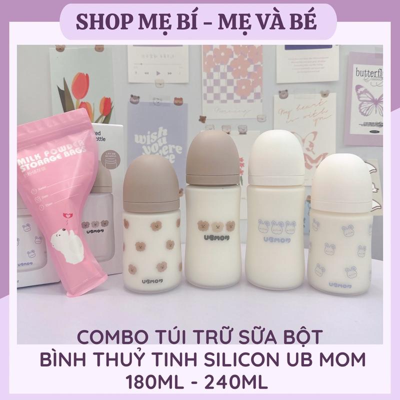 Combo Túi trữ sữa bột + Bình thuỷ tinh silicon Ub Mom 180ml - 240ml