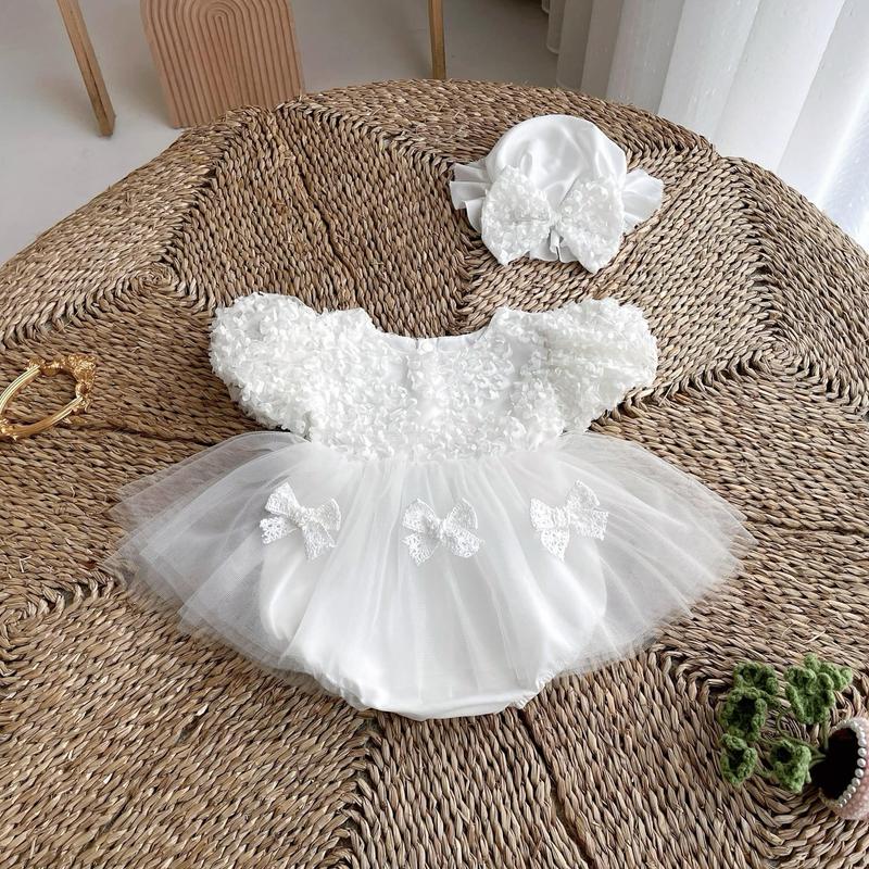 Đồ Liền Thân Bodysuit Dạng Váy Màu Trắng Chất Ren Xốp 3 Nơ Kèm Mũ 3-11 Kg,1 Tháng -12 Tháng,Đồ Cho Bé Gái Đầy Tháng Thôi Nôi Sinh Nhật