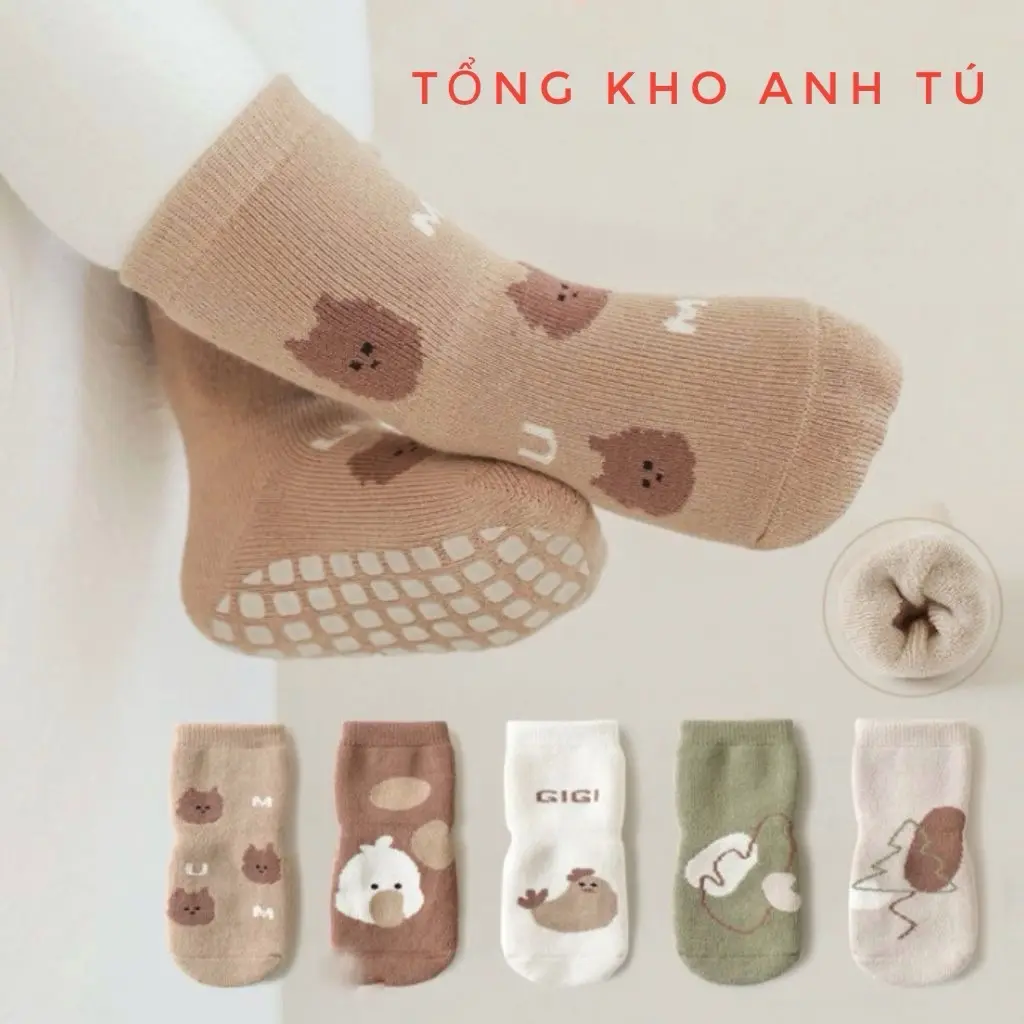 Set 10 Đôi Tất, Vớ Trẻ Em Sơ Sinh Hình Thú, Cây Thông Cotton Chống Trơn Trượt Cho Bé Trai, Bé Gái Len Kem tat xinh