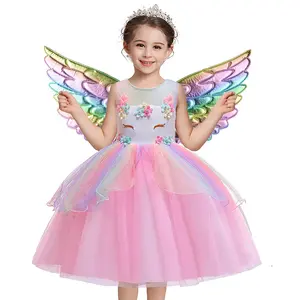 2022 Gaun putri unicorn siap stok+wig 2 pcs set ulang tahun pesta pernikahan anak perempuan anak -anak halloween gaun A-Line Floral