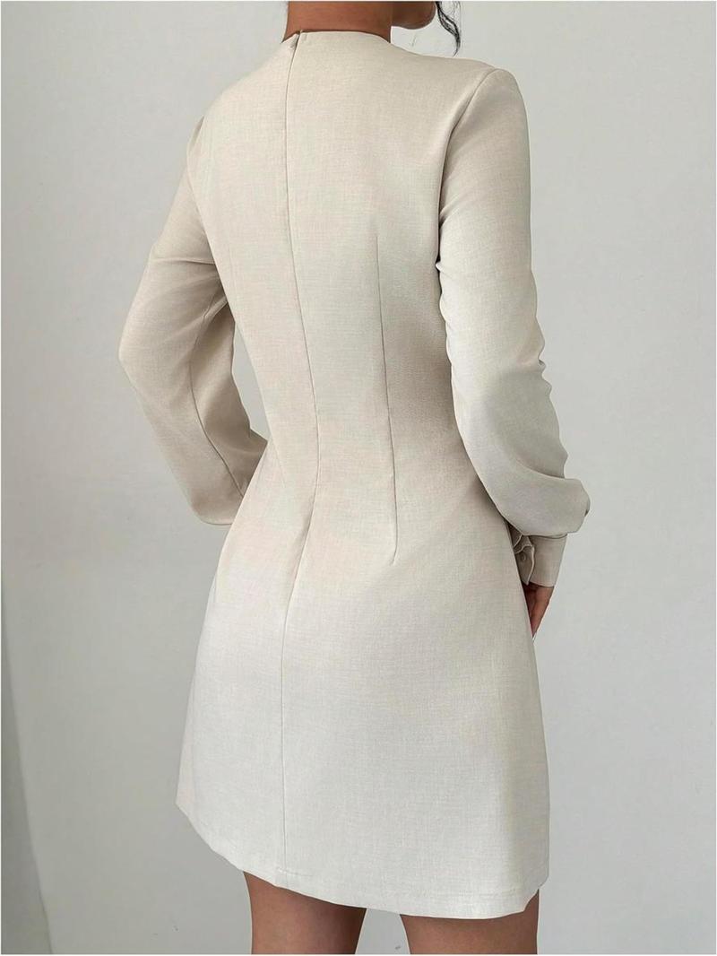 Product Introduction of Women's Plain Tie Front Bishop Sleeve Dress, Elegant Zipper Back A Line Short Dress for Party Holiday Wedding Guest, Ladies Fall & Winter Clothes Valentine's Day, gift 2