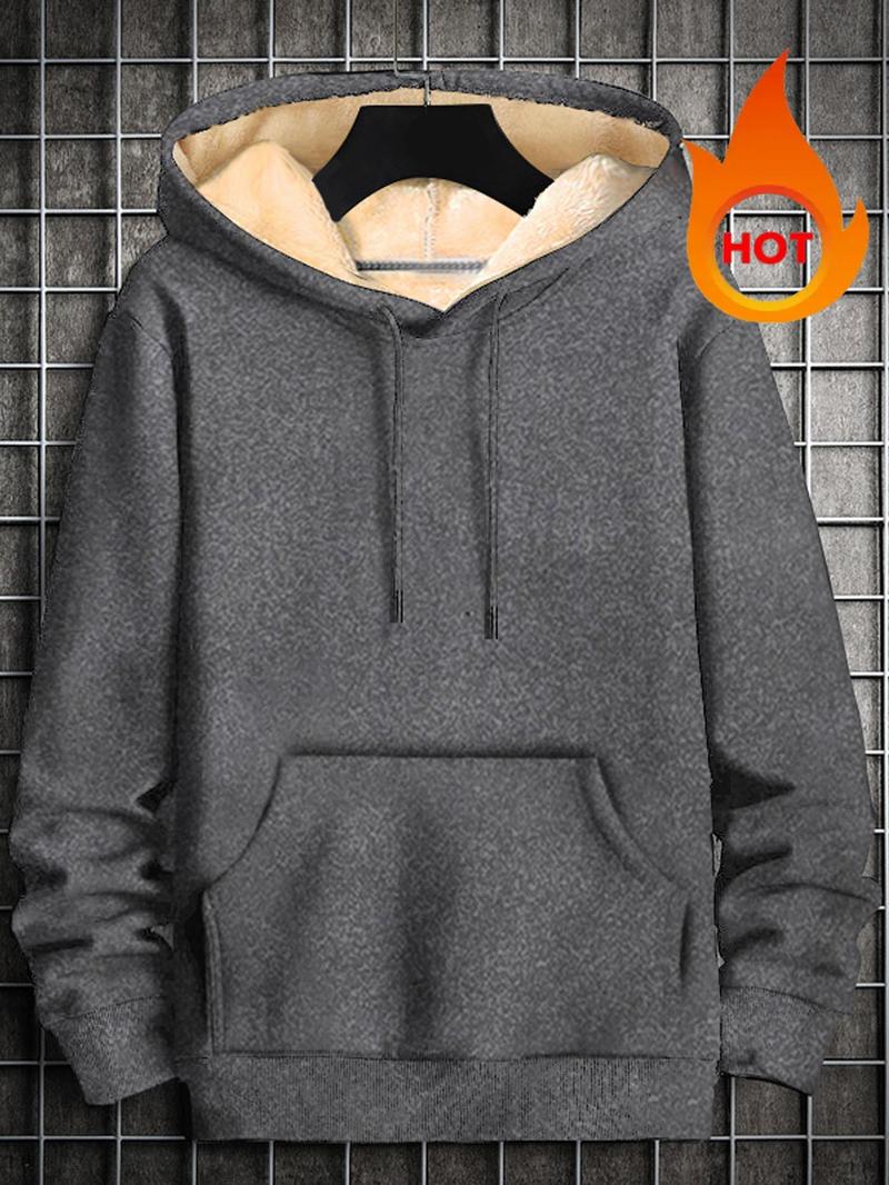 Product Introduction of Men's Solid Drawstring Thermal Lined Hoodie, Regular Fit Casual Pocket Hooded Sweatshirt for Daily Outdoor Wear, Going Out Outfit, Men's Winter Clothes 10