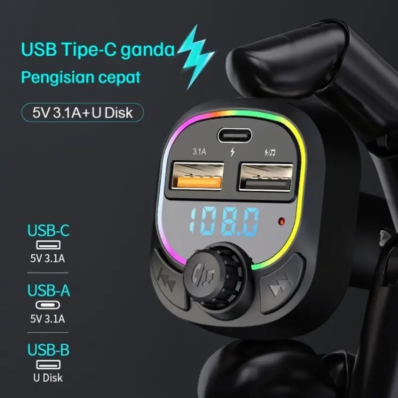 [OTTO]C28 Car Charger Mobil 3 Port Fast Charging USB Chargers FM & MP3 Bluetooth Transmitter Hitam Led Logam Ponsel Handphone Pengisi Wireless 2