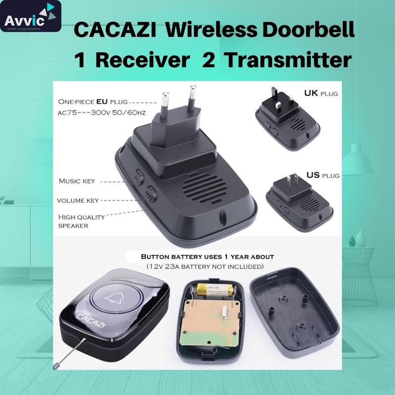 Avvic x CACAZI Wireless DoorBell Waterproof 1 Receiver 2 Transmitter Baterai Bel Black Pintu White Kotak 5