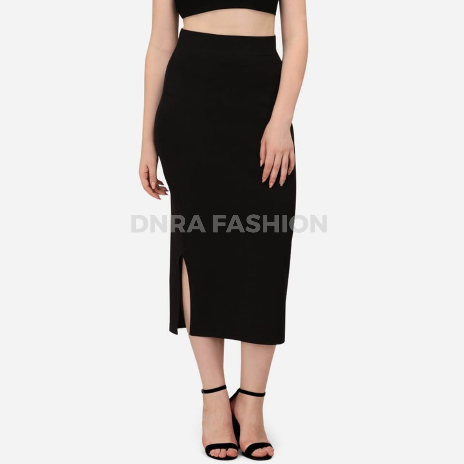 Midi Skirt Kasual Wanita Belah Samping Slim-fitting Polos Hitam Putih panjang Scuba Variasi Santai