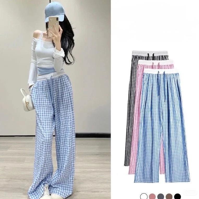  Quần kẻ ô ống suông cạp chun co giãn có dây rút trắng chất đũi nhăn dưới 56kg dễ phối đồ top women trend quần  thun  nữ  ống  rộng 