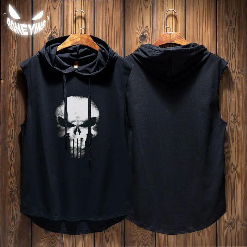 [8063 Favorites] Summer Basketball Hooded Vest for Men Skull Boxing Combat Training Fitness Vest Casual Sleeveless Hoodie