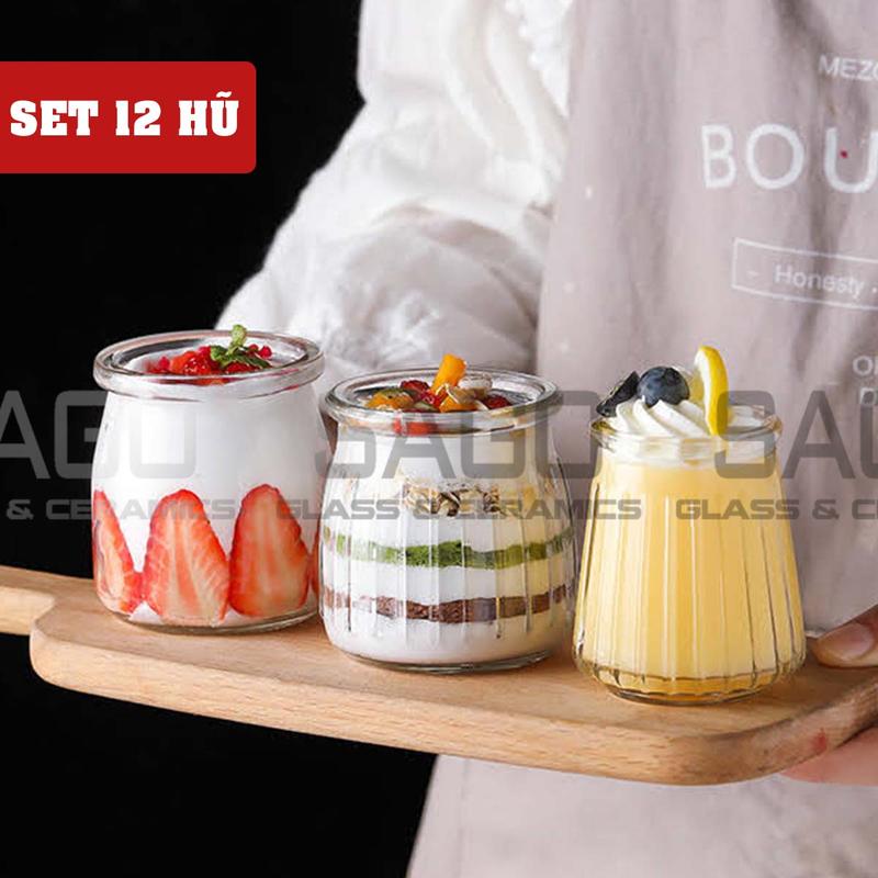 Set 12 Hũ thủy tinh làm sữa chua, Pudding Nắp Nhựa 100ml, 200ml