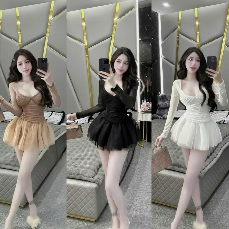 BIGSIZE HIẾU HIẾU (55-95KG) - Set Áo body nhún tay dài viền ren + Chân váy lưới dáng ngắn S517