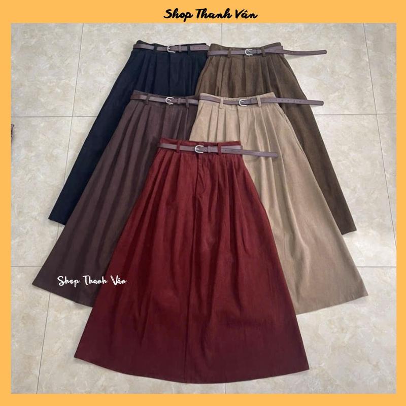 Chân váy xòe dáng dài, chất nhung tăm mềm, cạp chun sau có kèm đai, dáng basic trẻ trung xinh xắn, váy dài ~82cm TV8020