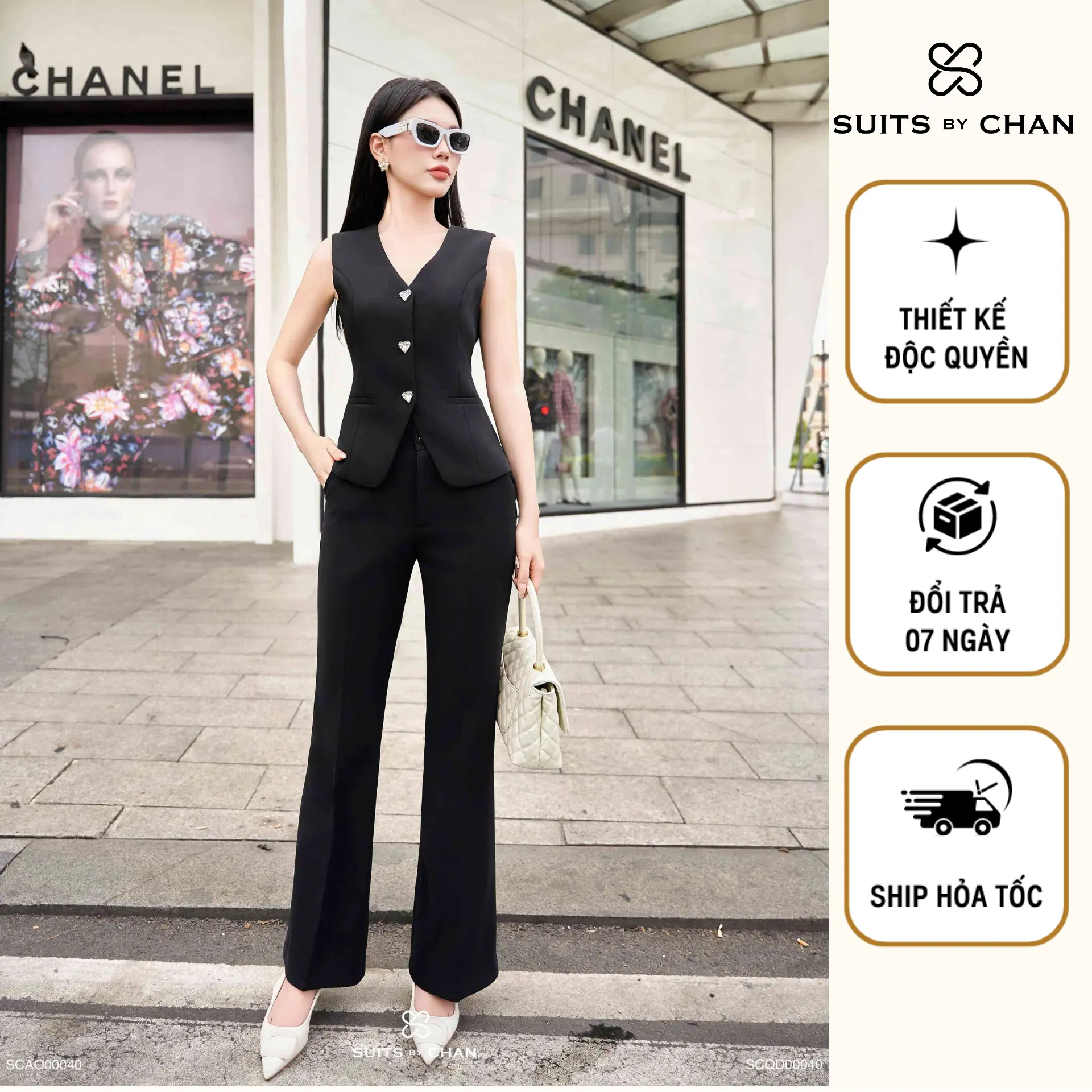SUITS BY CHAN - Áo gilet cut-out lưng + Quần ống vẩy nhẹ Mary Set - SCAO00040 SCQD00040