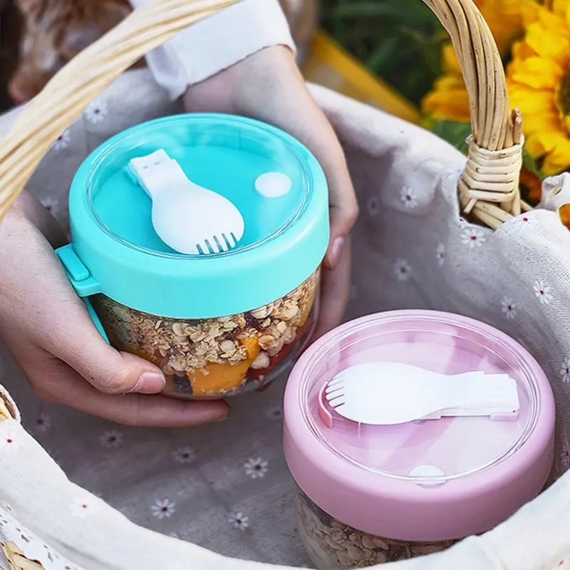 Hộp đựng yến mạch qua đêm, Dung tích 600ml, Chống rò rỉ, có nắp và thìa, Thích hợp cho ngũ cốc, sữa chua, bữa sáng, khi đang di chuyển, lọ yến mạch, hộp đựng đồ ăn Nhẹ 5